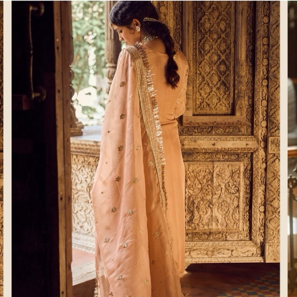 Lashkaraa Dusty Peach Embroidered Straight Suit Indian Outfit - Picture 2 of 3